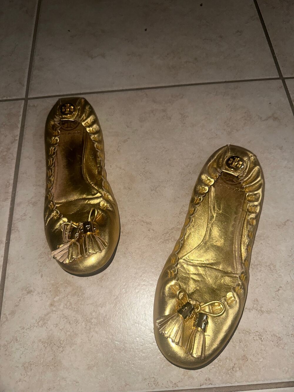 Tory Burch Reva Metallic Gold Leather Tassel Ballet Flats Size 10M